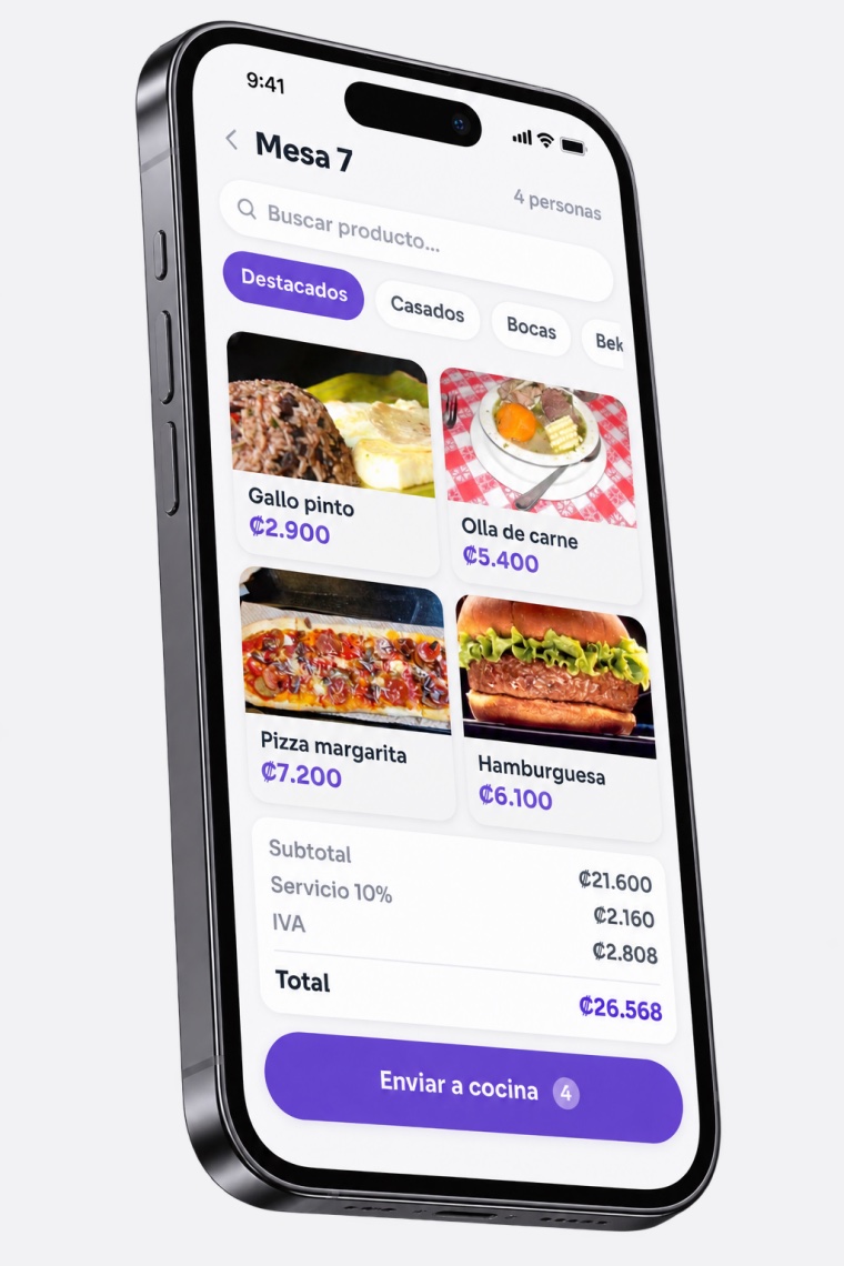 El comandero de Plaxp en el teléfono: la orden de la Mesa 7 con el servicio 10% calculado y lista para enviar a cocina